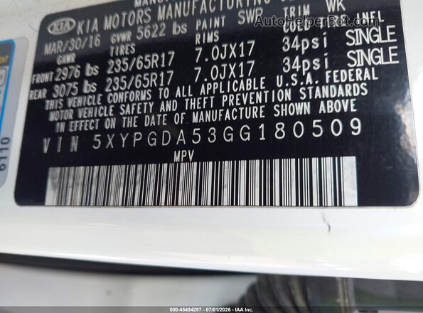 5XYPGDA53GG180509 2016 KIA SORENTO Белый Вид подкапотного пространства