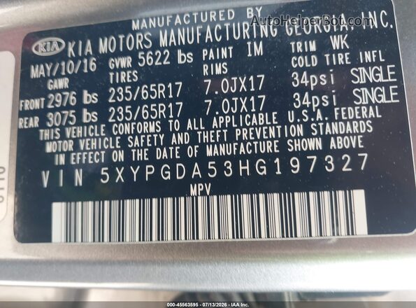 5XYPGDA53HG197327 2017 KIA SORENTO Gray Vista del compartimento del motor