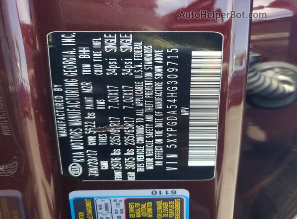 5XYPGDA54HG309715 2017 KIA SORENTO Burgundy Widok naklejki z numerem VIN