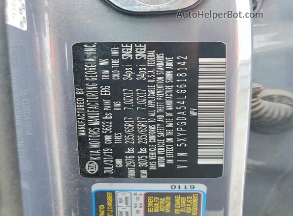 5XYPGDA54LG618142 2020 KIA SORENTO Серый Вид подкапотного пространства