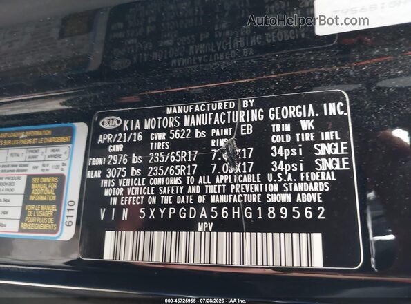 5XYPGDA56HG189562 2017 KIA SORENTO Black Vista del compartimento del motor
