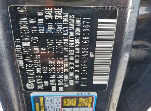 5XYPGDA56LG613671 2020 KIA SORENTO Charcoal ძრავის განყოფილების ხედი
