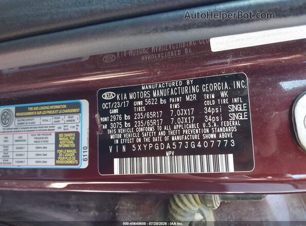 5XYPGDA57JG407773 2018 KIA SORENTO Burgundy Vista del compartimento del motor
