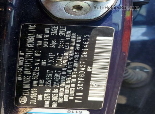 5XYPGDA57LG614635 2020 KIA SORENTO Blue VIN sticker view