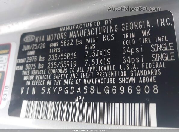 5XYPGDA58LG696908 2020 KIA SORENTO Silver Vista del compartimento del motor