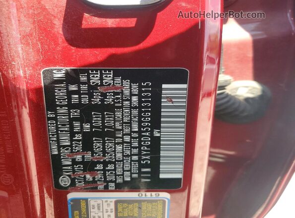 5XYPGDA59GG131315 2016 KIA SORENTO Red ძრავის განყოფილების ხედი