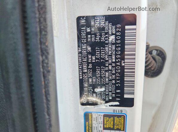 5XYPGDA59GG160829 2016 KIA SORENTO White Շարժիչի բաժամունքի տեսք