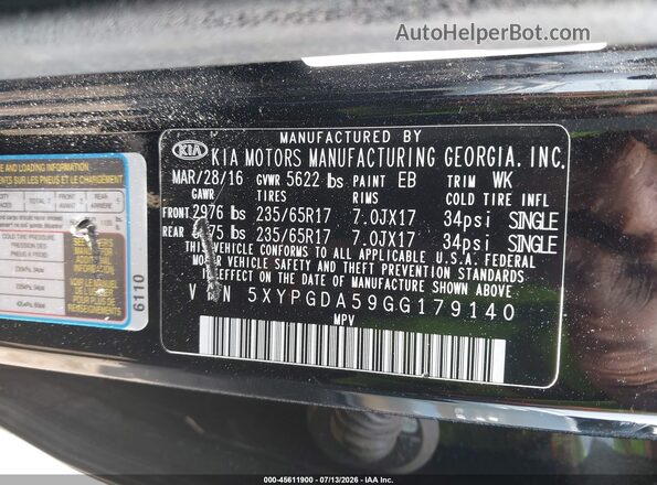 5XYPGDA59GG179140 2016 KIA SORENTO Black Շարժիչի բաժամունքի տեսք