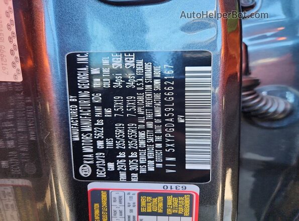 5XYPGDA59LG662167 2020 KIA SORENTO Gray VIN կոդի պիտակի տեսք