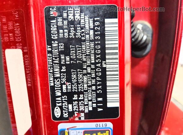 5XYPGDA5XGG131291 2016 KIA SORENTO Red Вид наклейки з VIN-кодом