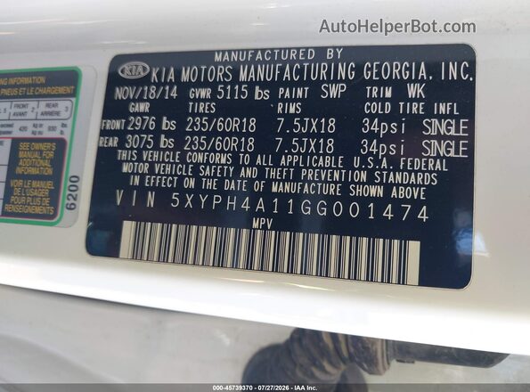 5XYPH4A11GG001474 2016 KIA SORENTO Белый Вид подкапотного пространства
