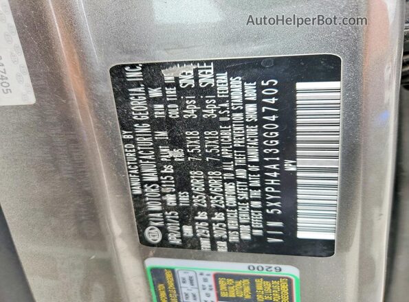5XYPH4A13GG047405 2016 KIA SORENTO Gray VIN կոդի պիտակի տեսք