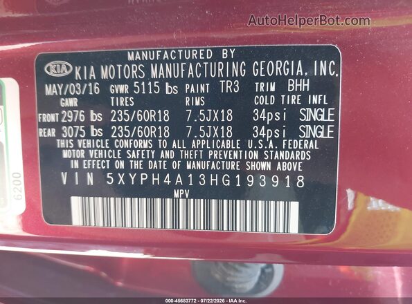 5XYPH4A13HG193918 2017 KIA SORENTO Red Շարժիչի բաժամունքի տեսք
