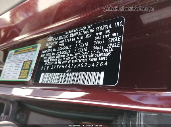 5XYPH4A13HG254264 2017 KIA SORENTO Burgundy Widok komory silnika