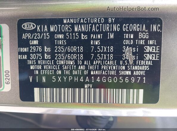 5XYPH4A14GG056971 2016 KIA SORENTO Gray Շարժիչի բաժամունքի տեսք