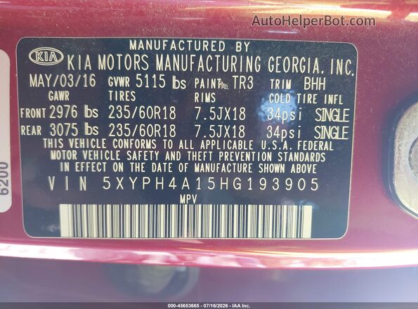 5XYPH4A15HG193905 2017 KIA SORENTO Maroon Vista del compartimento del motor
