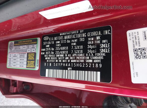 5XYPH4A15HG252189 2017 KIA SORENTO Red Widok komory silnika