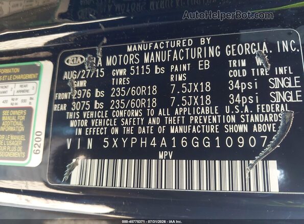 5XYPH4A16GG109072 2016 KIA SORENTO Black Вид підкапотного простору