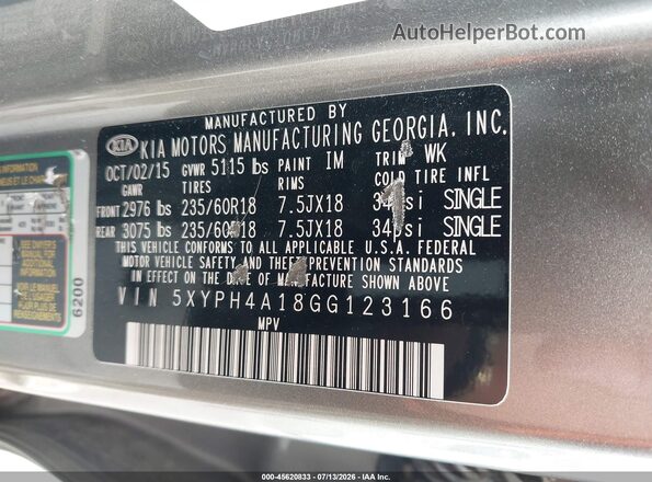 5XYPH4A18GG123166 2016 KIA SORENTO Silver Engine compartment view