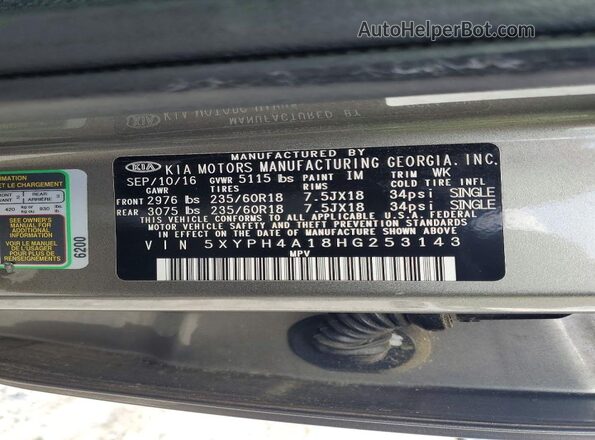 5XYPH4A18HG253143 2017 KIA SORENTO Silver Вид наклейки з VIN-кодом