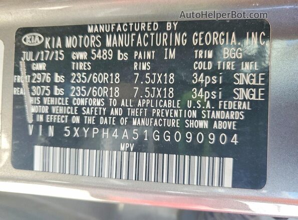 5XYPH4A51GG090904 2016 KIA SORENTO Gray Widok wnętrza 360 stopni