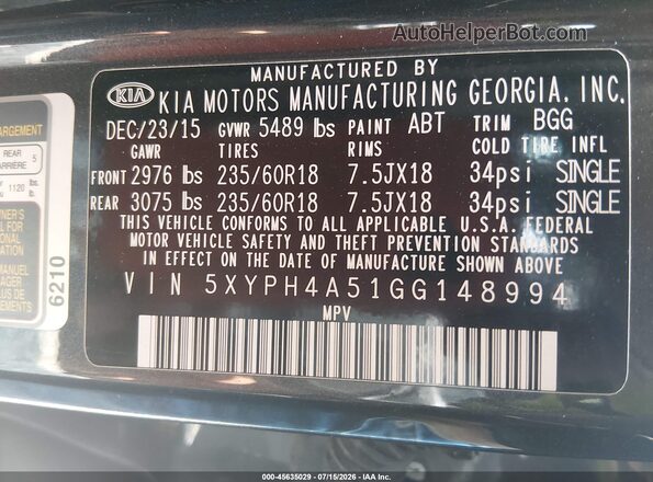 5XYPH4A51GG148994 2016 KIA SORENTO Gray ძრავის განყოფილების ხედი