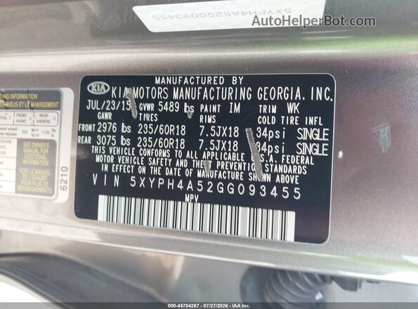 5XYPH4A52GG093455 2016 KIA SORENTO Gray Vista del compartimento del motor