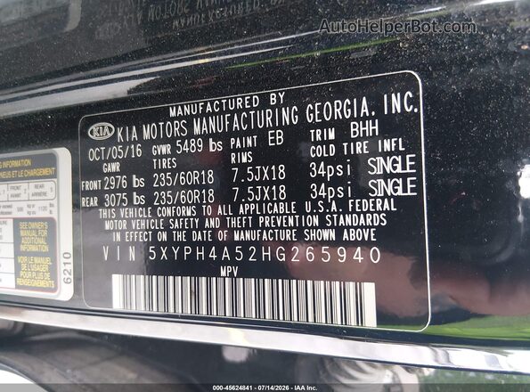 5XYPH4A52HG265940 2017 KIA SORENTO Black Widok komory silnika