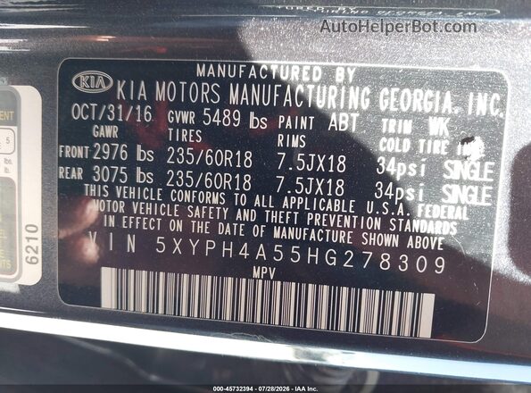 5XYPH4A55HG278309 2017 KIA SORENTO Gray Widok komory silnika