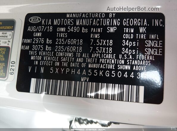 5XYPH4A55KG504436 2019 KIA SORENTO White Вид підкапотного простору