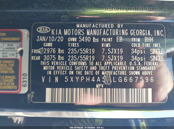 5XYPH4A56LG667596 2020 KIA SORENTO Black Widok komory silnika