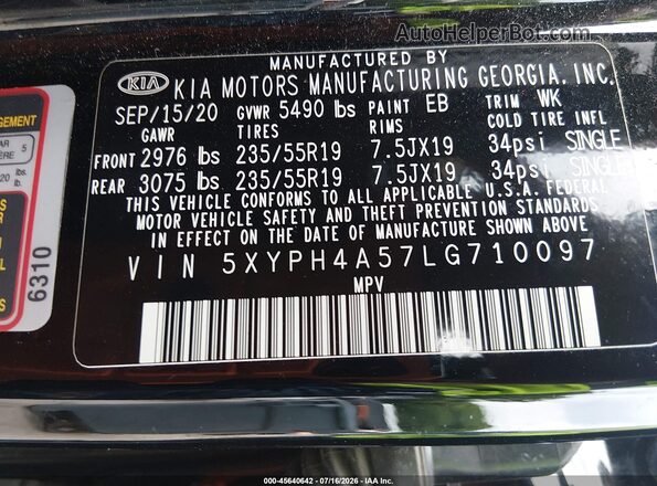5XYPH4A57LG710097 2020 KIA SORENTO Черный Вид подкапотного пространства