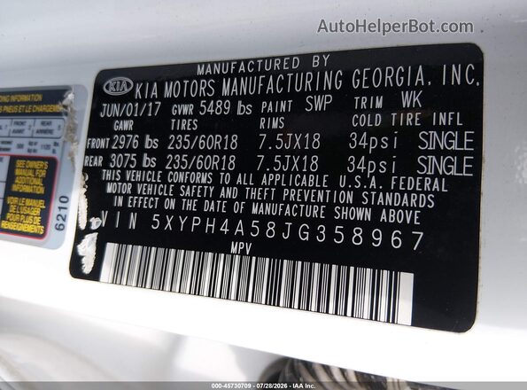 5XYPH4A58JG358967 2018 KIA SORENTO Белый Вид подкапотного пространства
