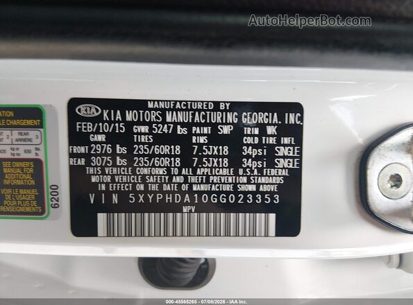5XYPHDA10GG023353 2016 KIA SORENTO White Vista del compartimento del motor