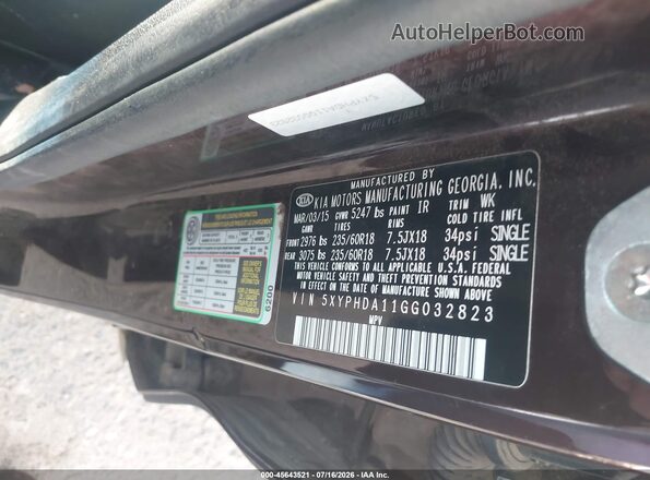 5XYPHDA11GG032823 2016 KIA SORENTO Maroon Engine compartment view