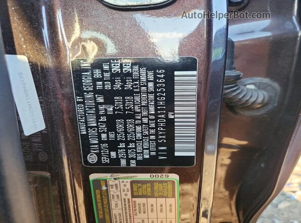 5XYPHDA11HG253646 2017 KIA SORENTO Brown VIN sticker view