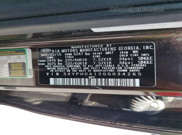 5XYPHDA13GG034265 2016 KIA SORENTO Brown Widok naklejki z numerem VIN