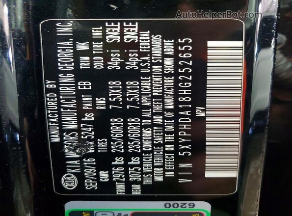 5XYPHDA18HG252655 2017 KIA SORENTO Black Widok naklejki z numerem VIN