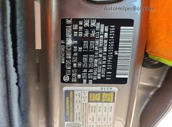 5XYPHDA50GG143964 2016 KIA SORENTO Gray Вид наклейки з VIN-кодом
