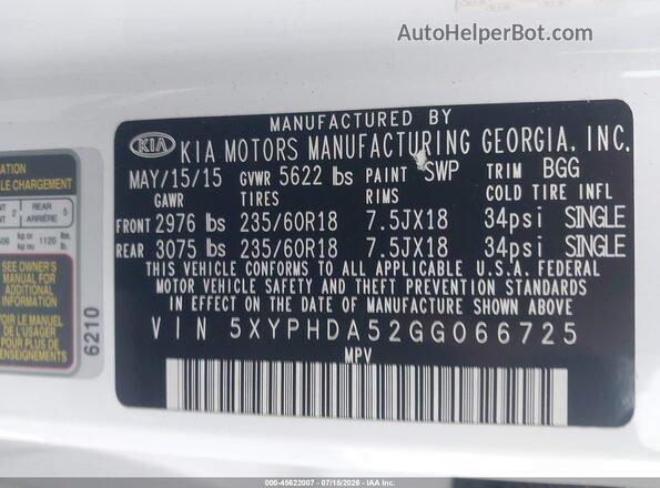 5XYPHDA52GG066725 2016 KIA SORENTO White Widok komory silnika