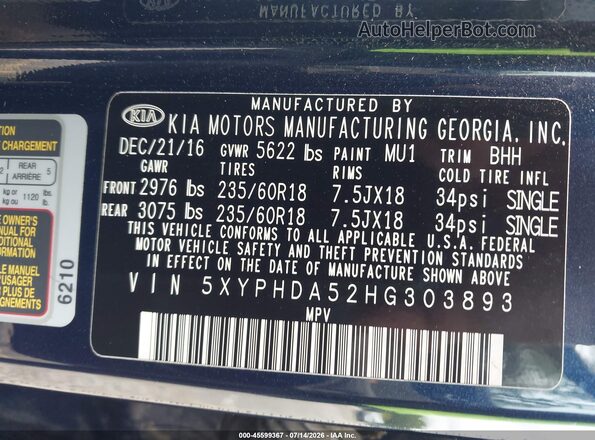 5XYPHDA52HG303893 2017 KIA SORENTO Blue Engine compartment view