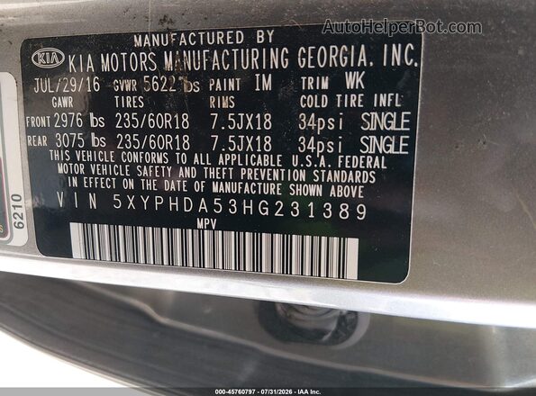 5XYPHDA53HG231389 2017 KIA SORENTO Beige Вид підкапотного простору