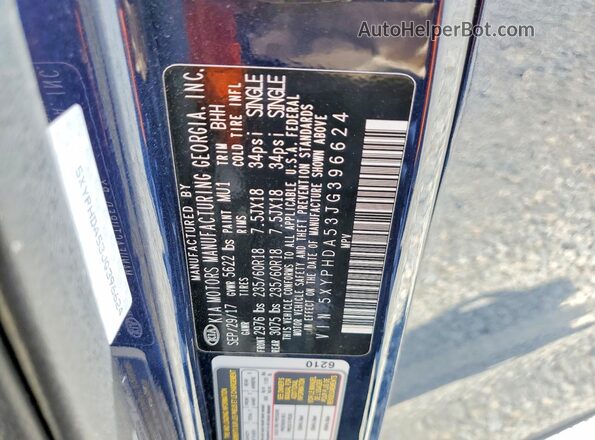 5XYPHDA53JG396624 2018 KIA SORENTO Blue Widok naklejki z numerem VIN