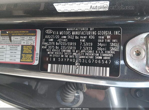 5XYPHDA53LG706547 2020 KIA SORENTO Серый Вид подкапотного пространства