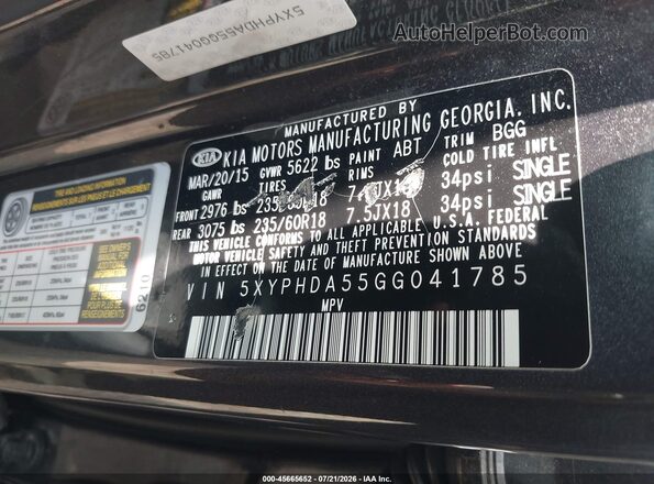 5XYPHDA55GG041785 2016 KIA SORENTO Gray ძრავის განყოფილების ხედი