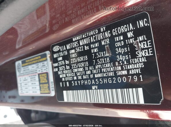 5XYPHDA55HG200791 2017 KIA SORENTO Maroon Engine compartment view