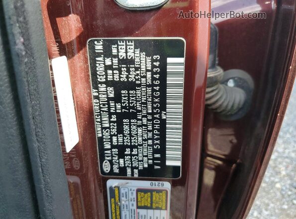 5XYPHDA55KG464343 2019 KIA SORENTO Maroon Widok naklejki z numerem VIN