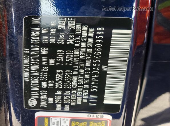 5XYPHDA55KG609588 2019 KIA SORENTO Blue VIN sticker view