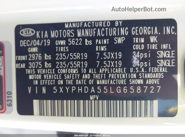 5XYPHDA55LG658727 2020 KIA SORENTO White Вид підкапотного простору