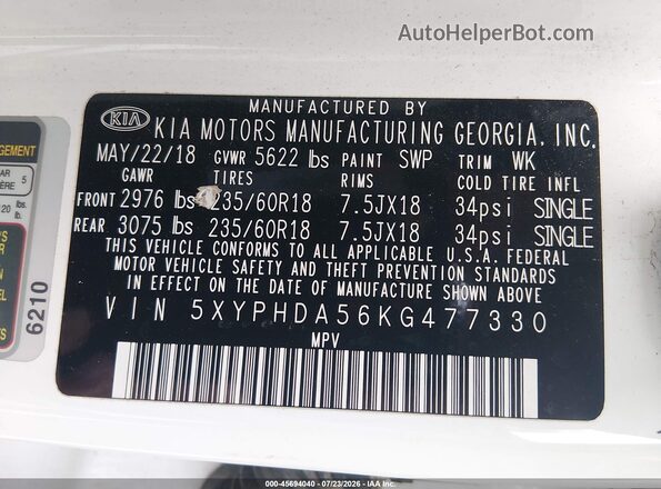 5XYPHDA56KG477330 2019 KIA SORENTO White Widok komory silnika